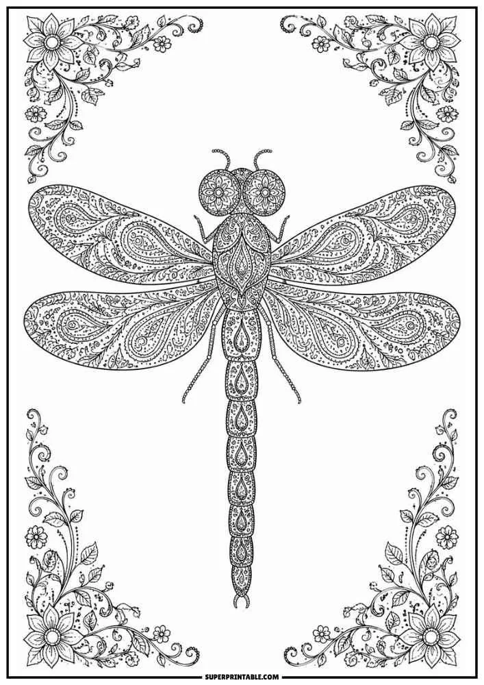 A dragonfly filled with detailed paisley patterns and floral corner designs.