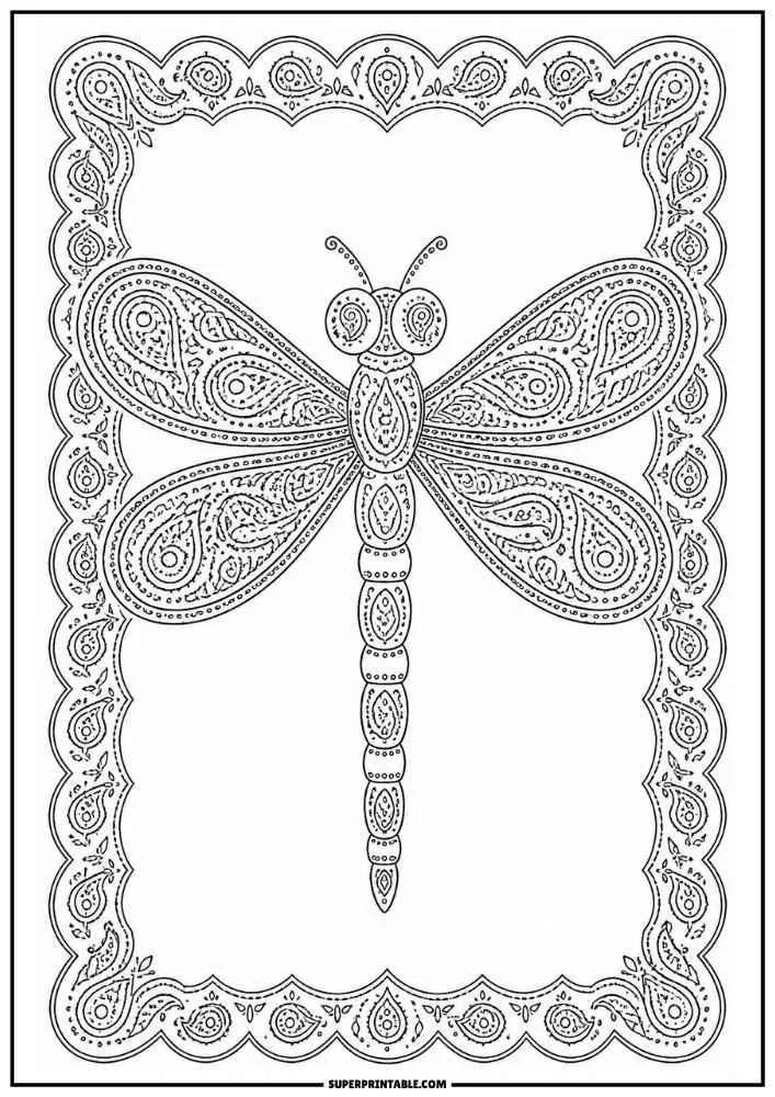 A dragonfly inside a decorative paisley border frame.