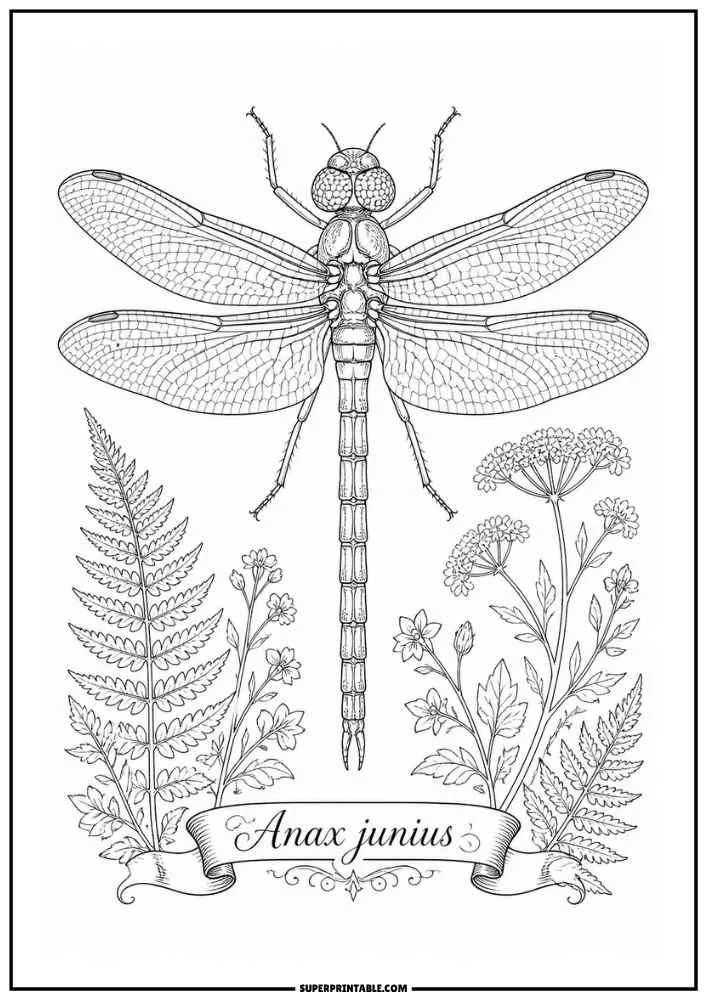 Dragonfly flying above wildflowers, grass, a butterfly, and a ladybug in a sunny garden scene.