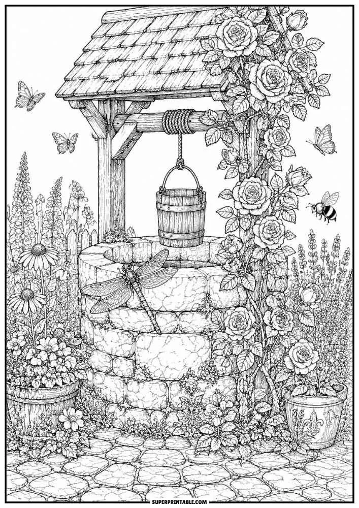 A dragonfly beside a stone garden well covered with roses and flowers.