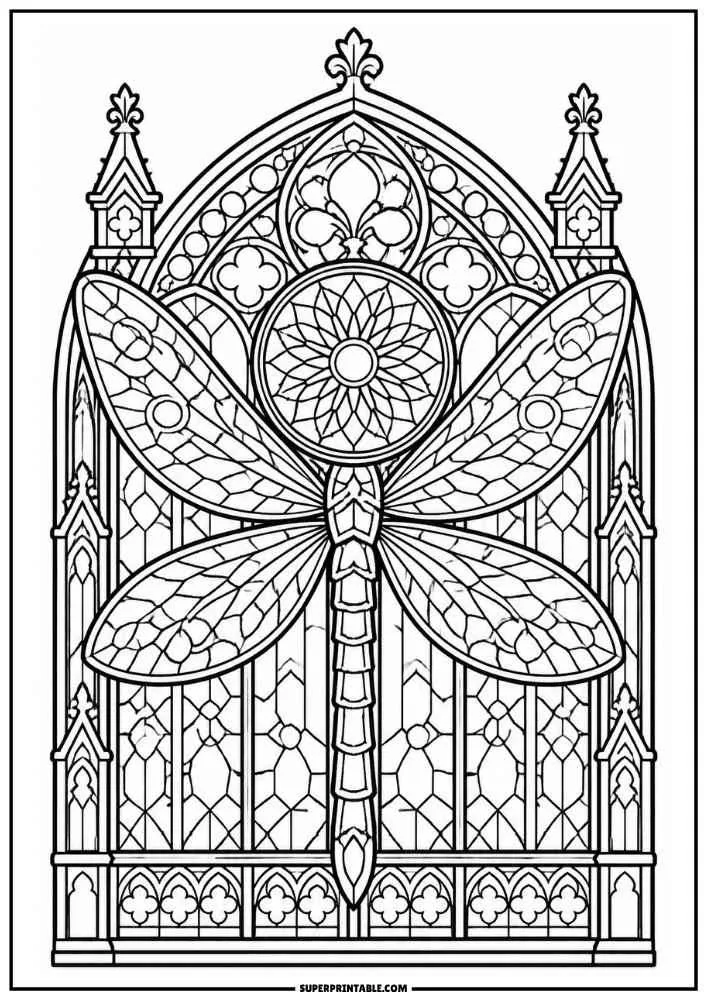 A dragonfly inside a Gothic stained glass window with ornate arches and patterns.