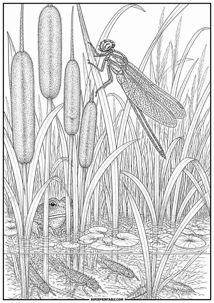 A damselfly on reeds with cattails, a frog, and aquatic insect nymphs.