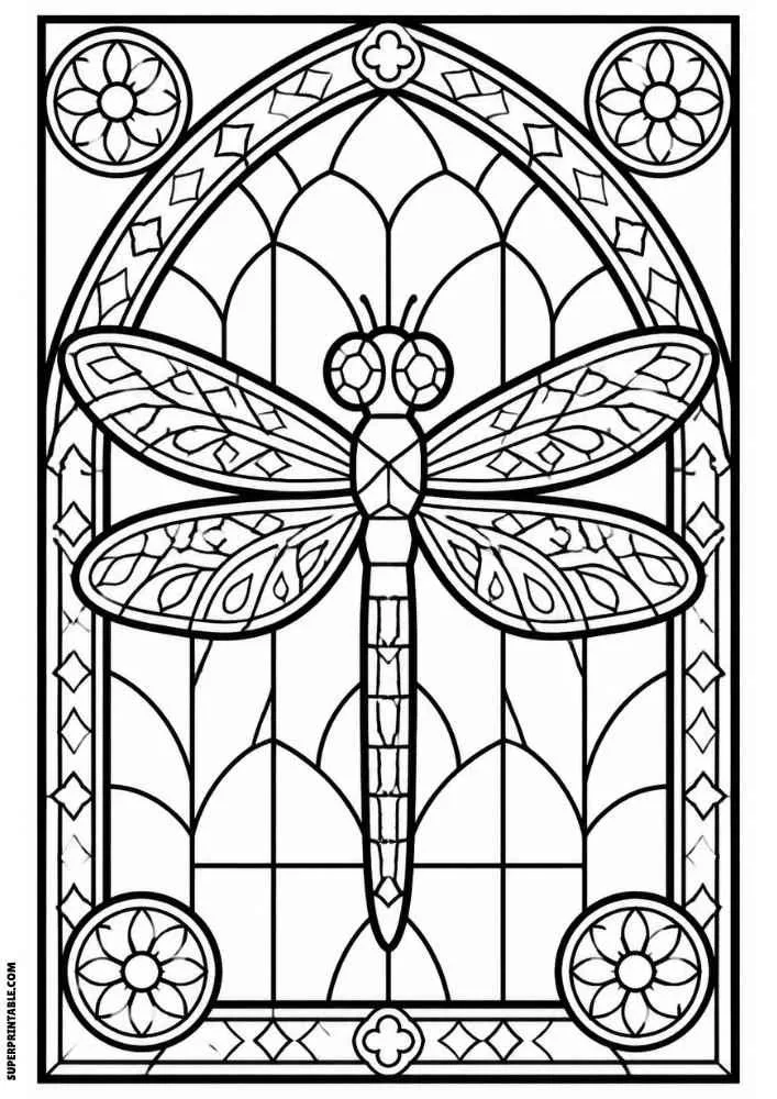 A simple dragonfly inside a stained glass style window with geometric designs.