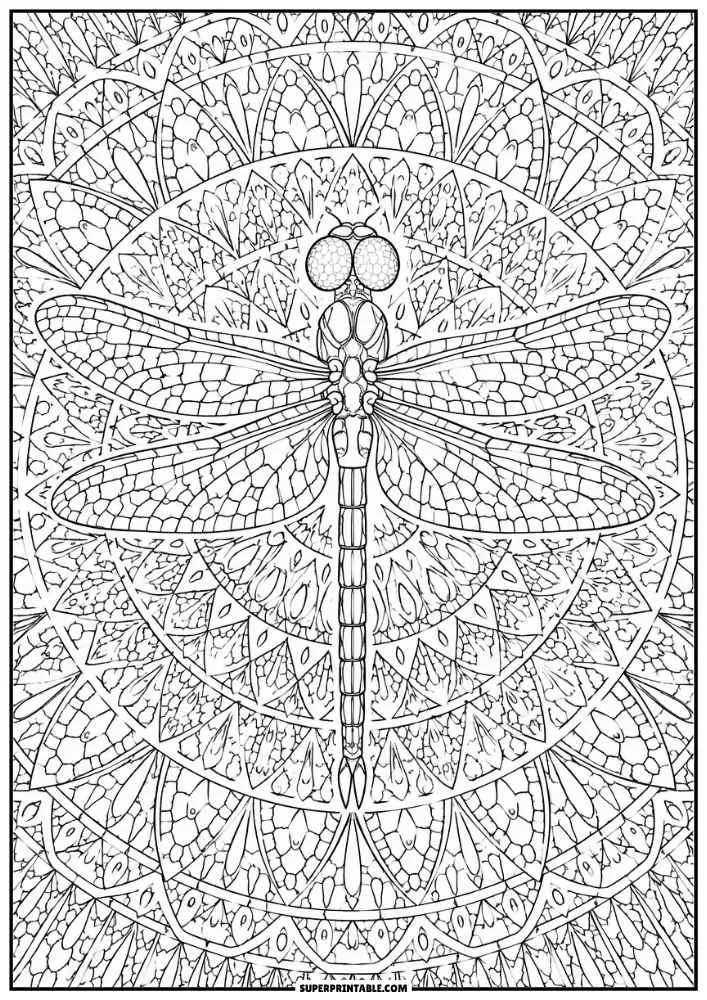 A dragonfly centered on a detailed circular mandala pattern.
