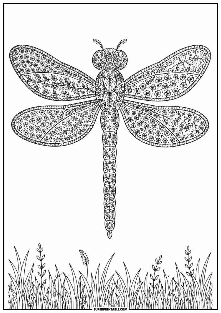 Dragonfly resting on a lotus flower above a lily pad in a pond setting.