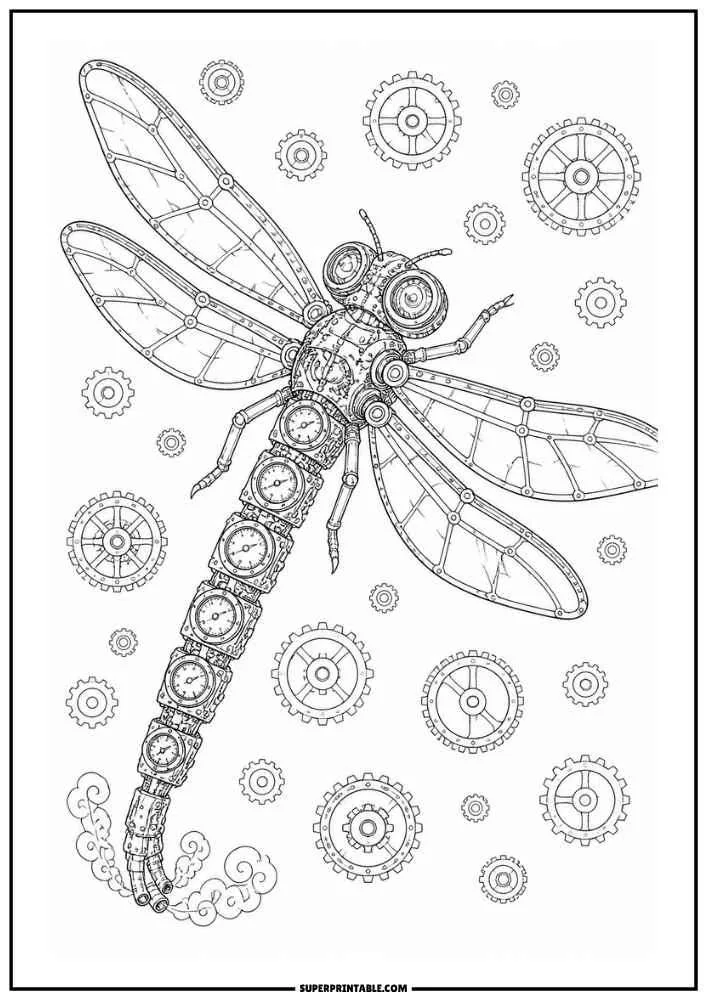 Dragonfly with space-themed patterns, stars, planets, clouds, and a moon in the background.