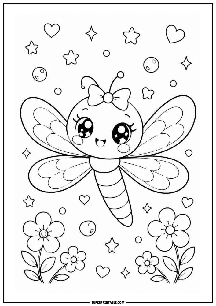 Decorative dragonfly flying in front of a sunflower surrounded by flowers and bees.