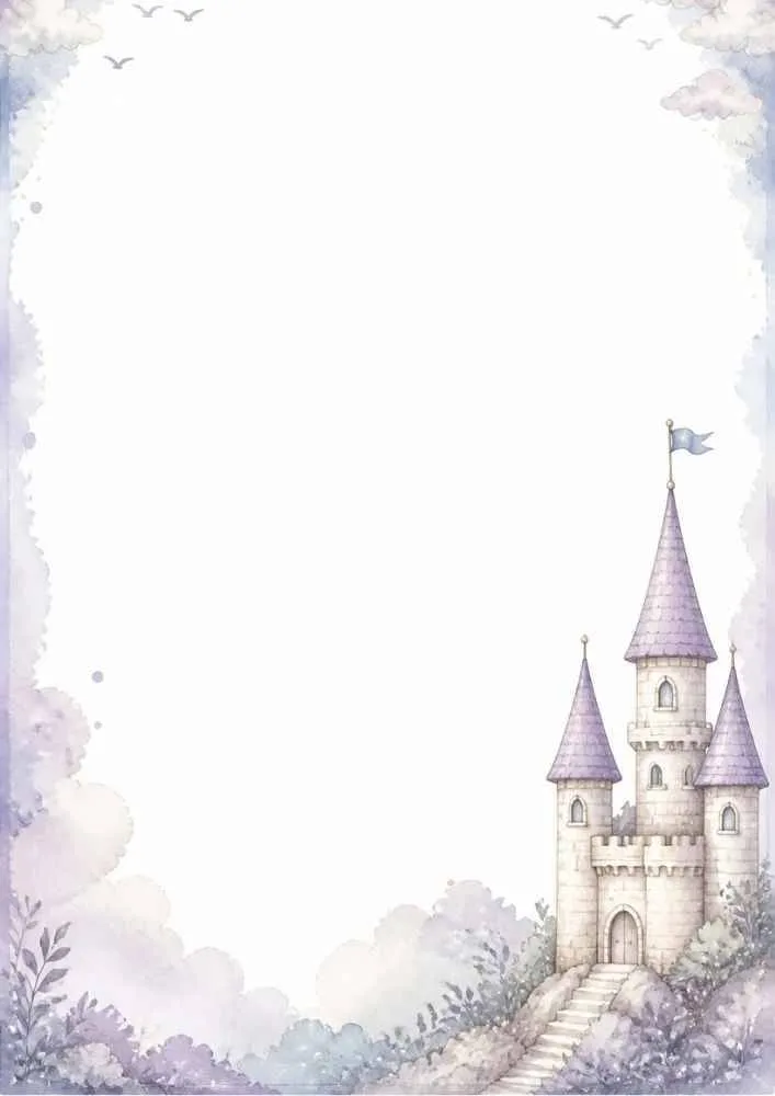 Lavender castle with purple towers, clouds, flowers, and a wide blank border.