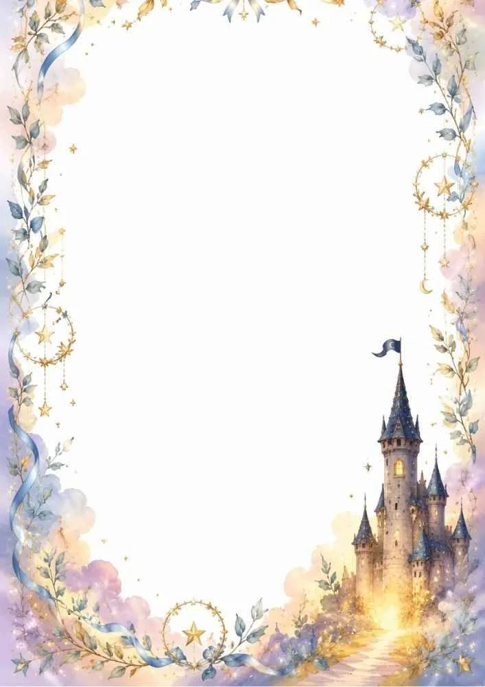 Glowing castle with stars, ribbons, flowers, and blank center.