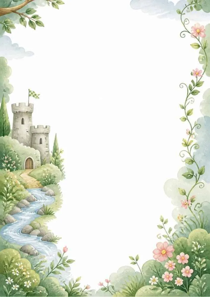 Castle beside a stream with flowers, vines, and blank writing space.