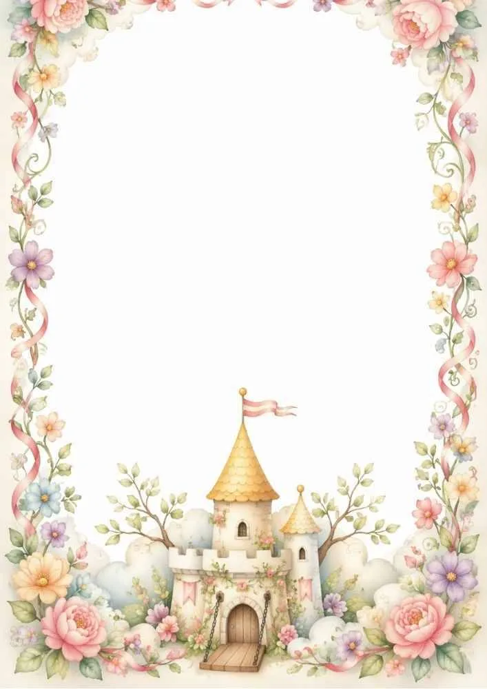 Castle with flowers, ribbons, clouds, and large blank center.