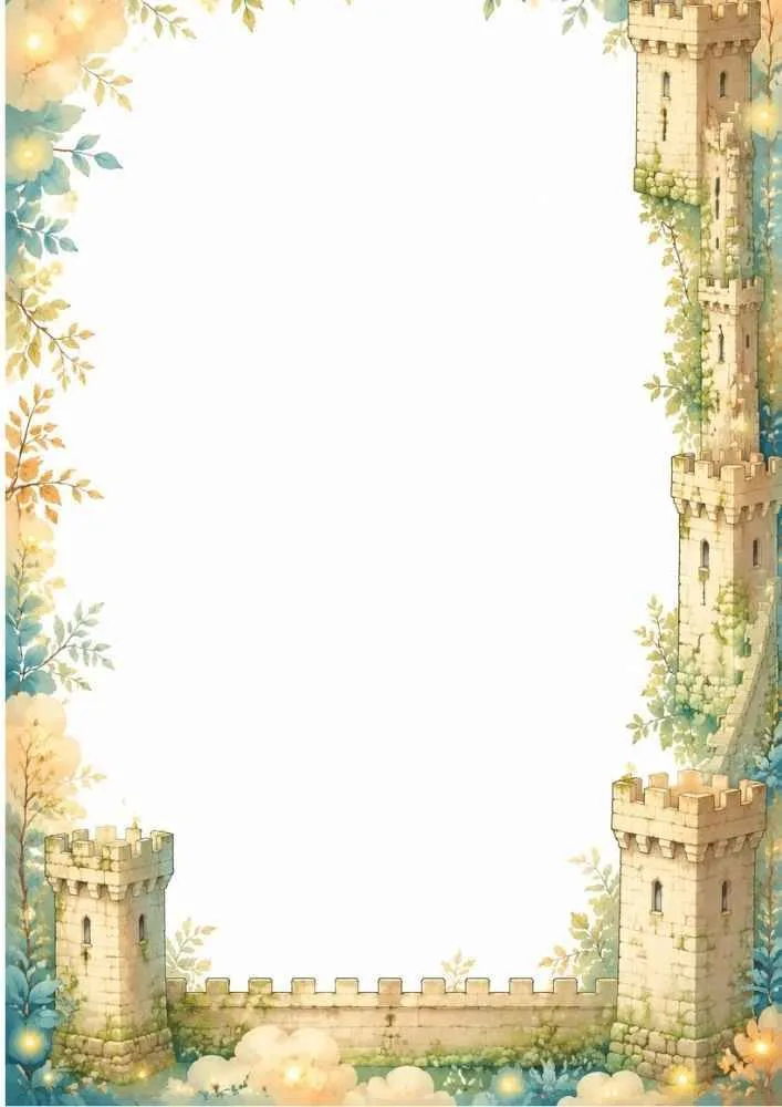 Stone castle walls with plants, lights, and a blank center.