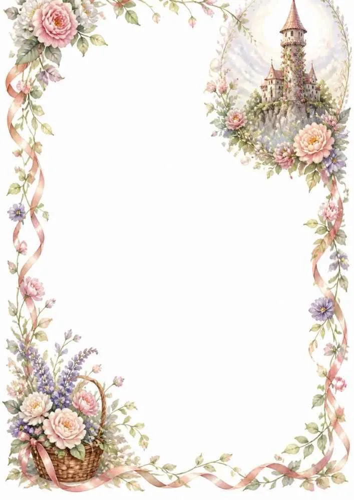 Flower basket, castle, ribbons, and floral border with blank center.