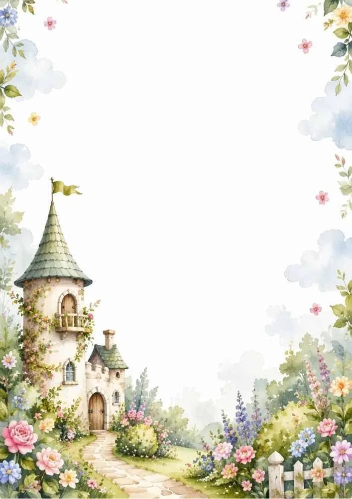 Castle cottage with flowers, garden path, and blank page center.