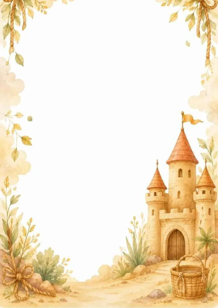 Golden castle with desert plants, basket, and blank writing space.
