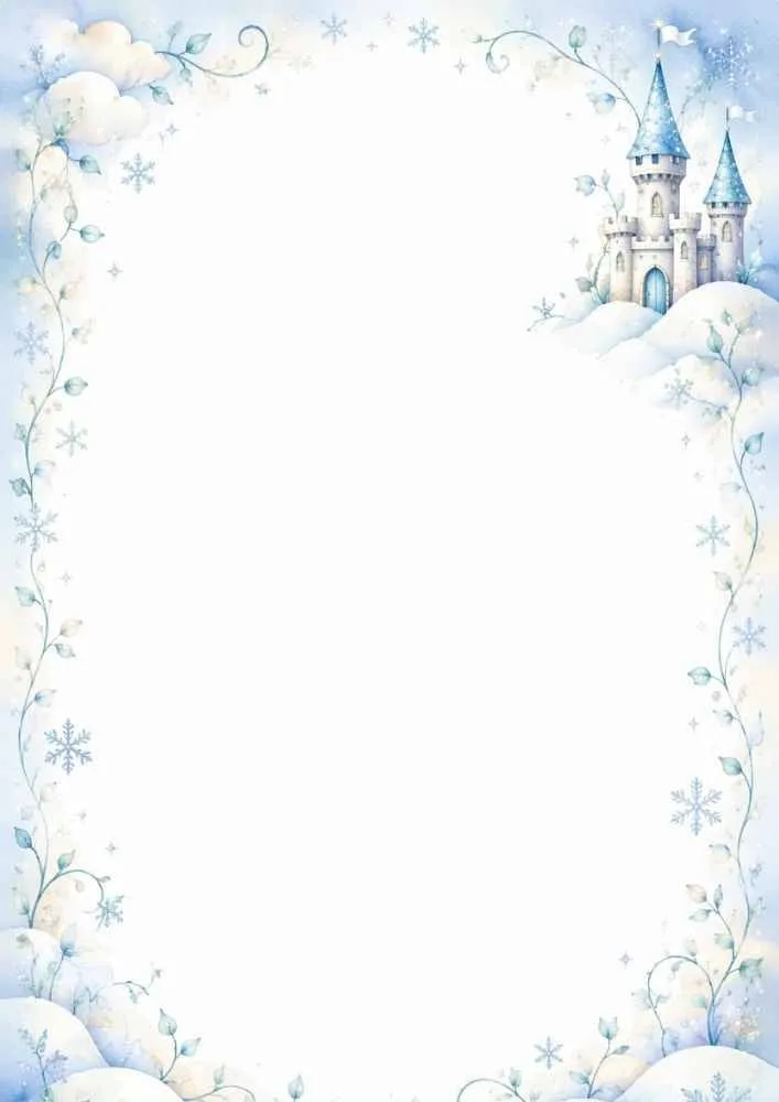 Snowy castle with snowflakes, vines, and large blank center.
