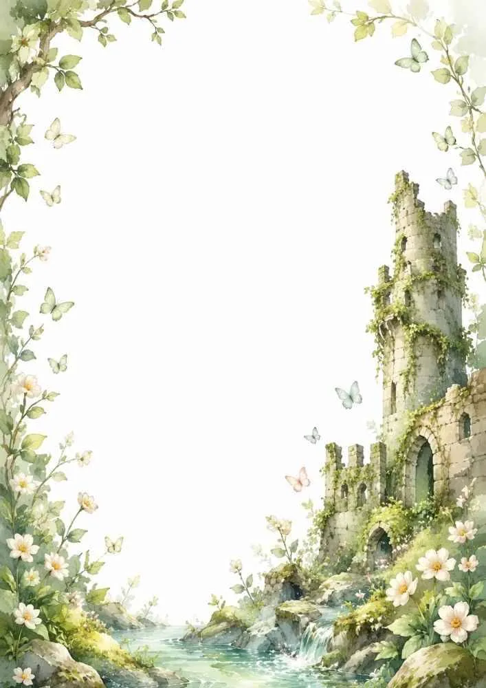 Ruined stone castle with vines, flowers, stream, and blank center.