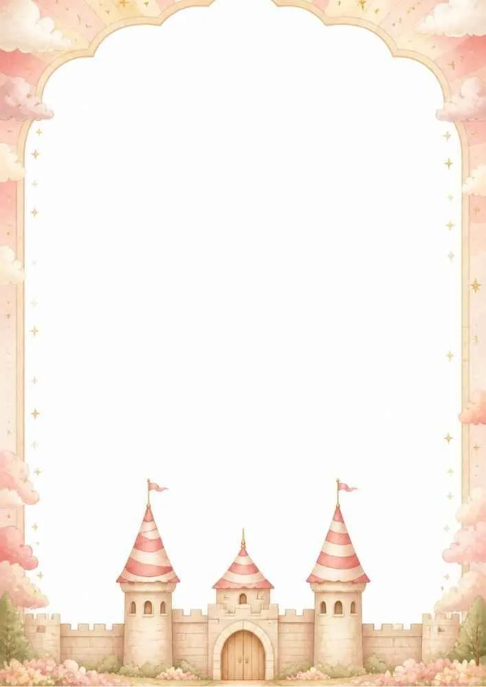 Pink castle with striped towers, stars, clouds, and a large blank center.