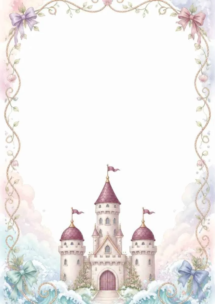 Pink castle with bows, floral vines, clouds, and blank center.