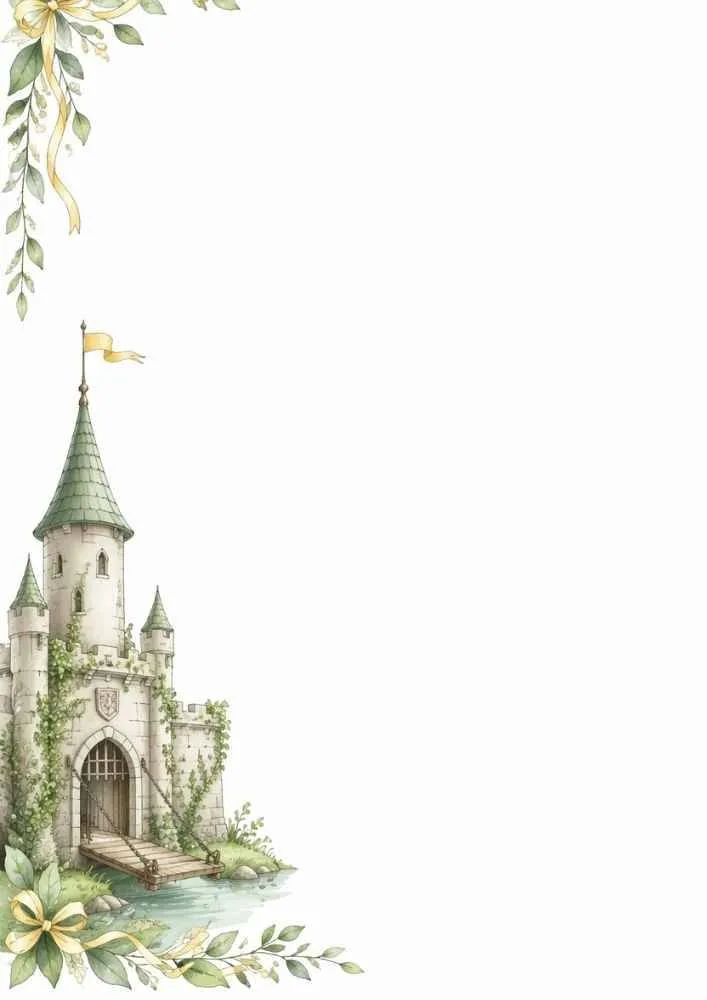 Stone castle by water with vines, ribbons, flowers, and open writing space.