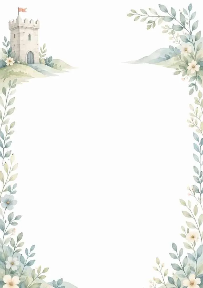 Small castle on hills with flowers, leaves, and a blank page center.