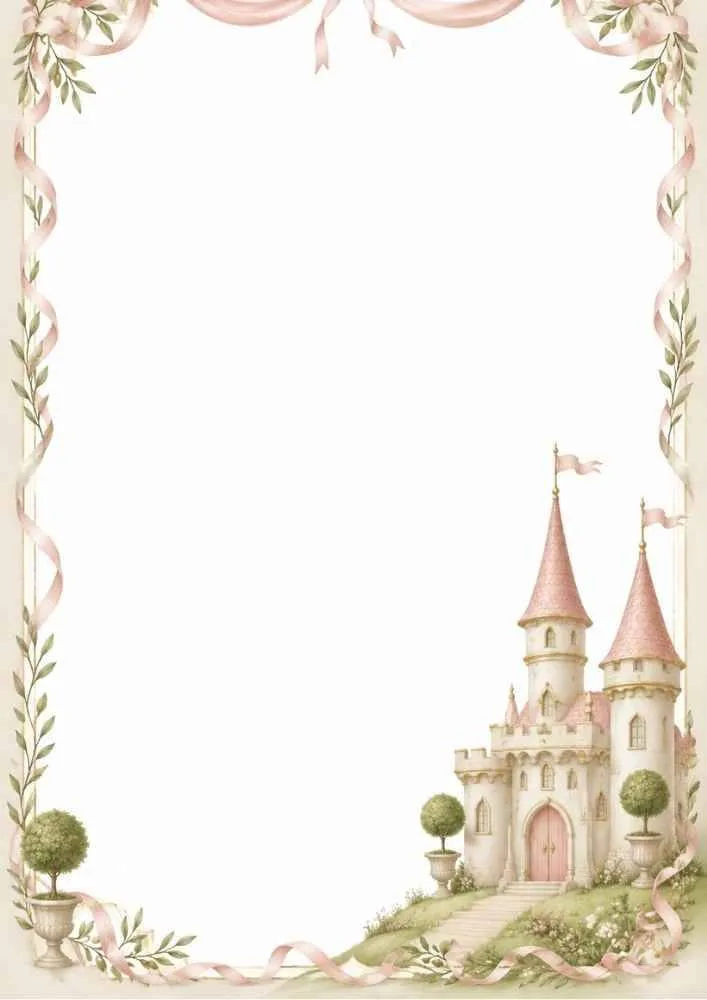 Pink castle with ribbons, flowers, and decorative border.