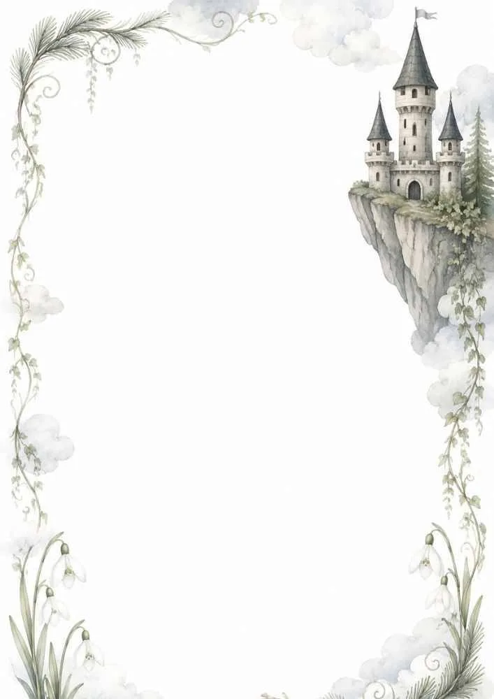 Castle on a cliff with vines, flowers, and open writing space.