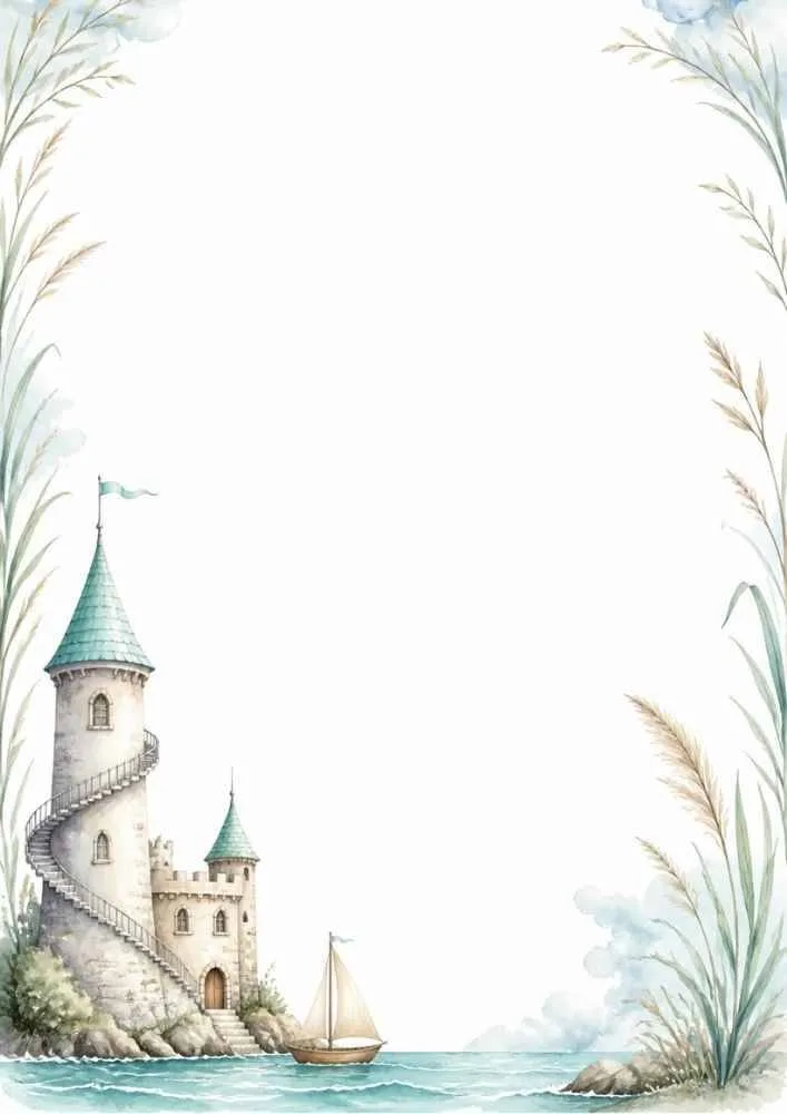 Spiral castle tower by the sea with sailboat and grasses.