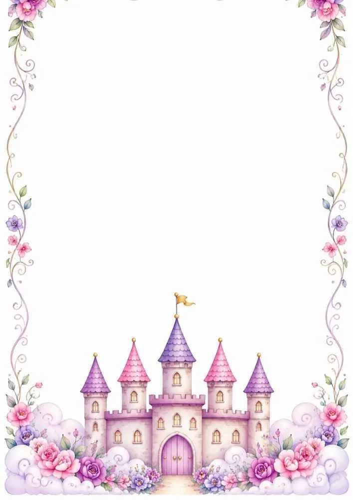 Purple castle with flowers, vines, and a large blank center.