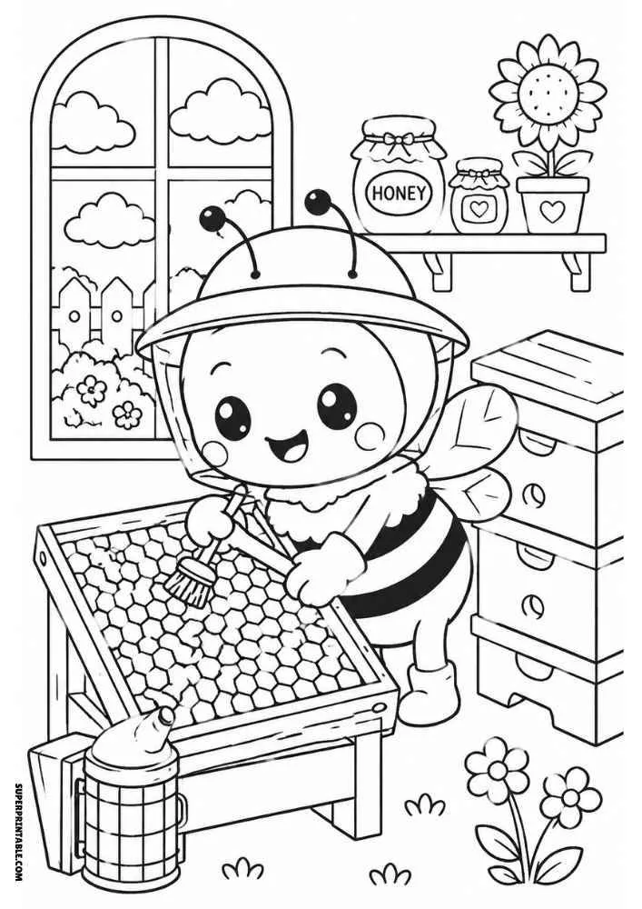 Cute bee beekeeper brushing a honeycomb with a hive, honey jars, flowers, and a window.