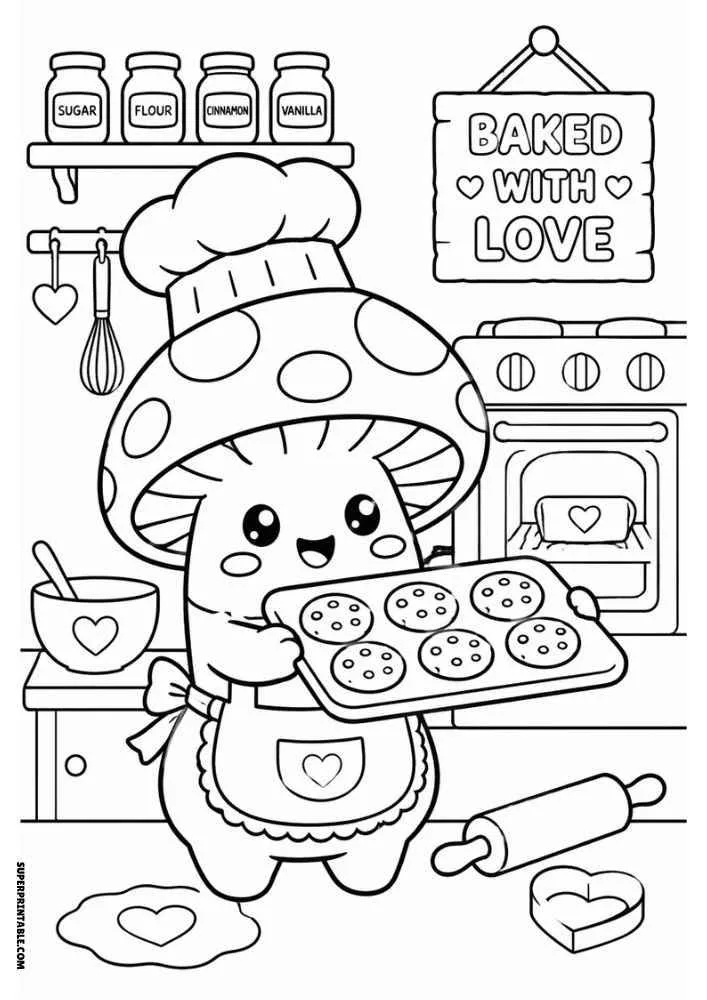 Mushroom baker holding cookie tray with oven, rolling pin, mixing bowl, and Baked With Love sign.