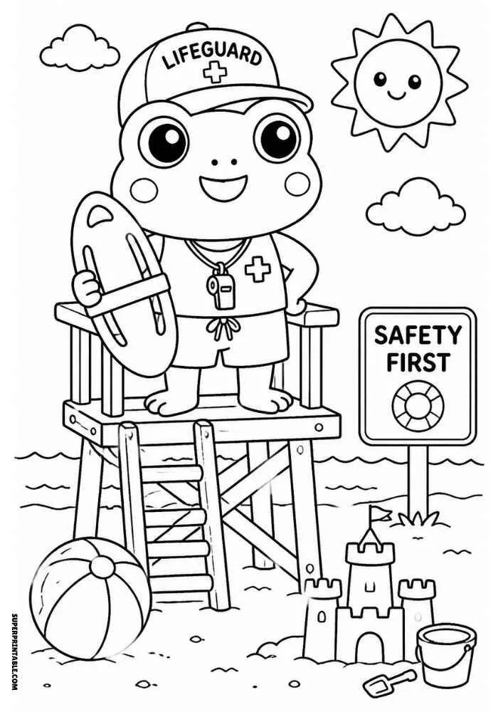 Frog lifeguard on tower with lifesaver, sandcastle, beach ball, bucket, and safety sign.