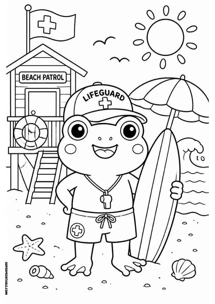 Frog lifeguard with surfboard beside beach patrol hut, umbrella, waves, and shells.