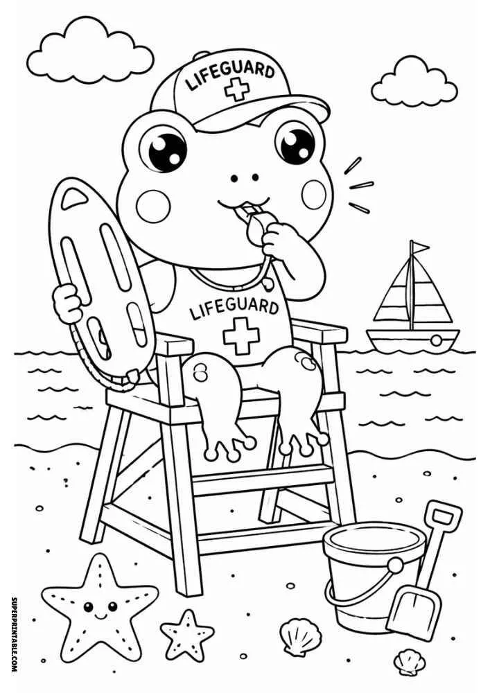 Frog lifeguard blowing whistle on chair with rescue board, sailboat, bucket, and stars.
