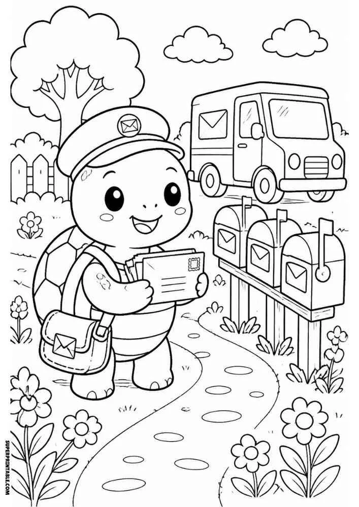 Turtle mail carrier with letters, mailboxes, delivery truck, flowers, and path.
