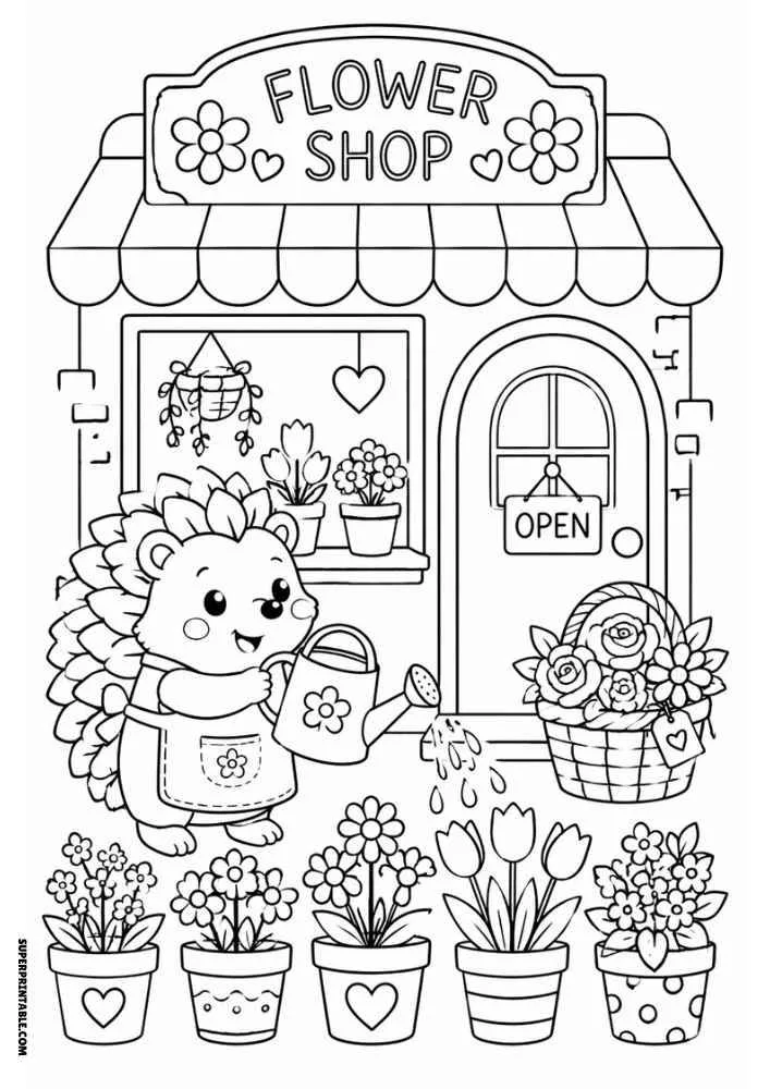 Hedgehog watering flowers outside flower shop with flower pots, basket, and open sign.