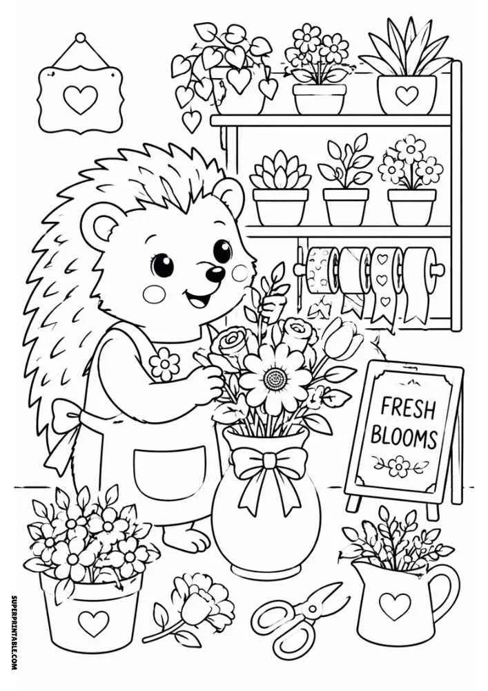 Hedgehog making flower bouquet with vase, scissors, shelves, and Fresh Blooms sign.