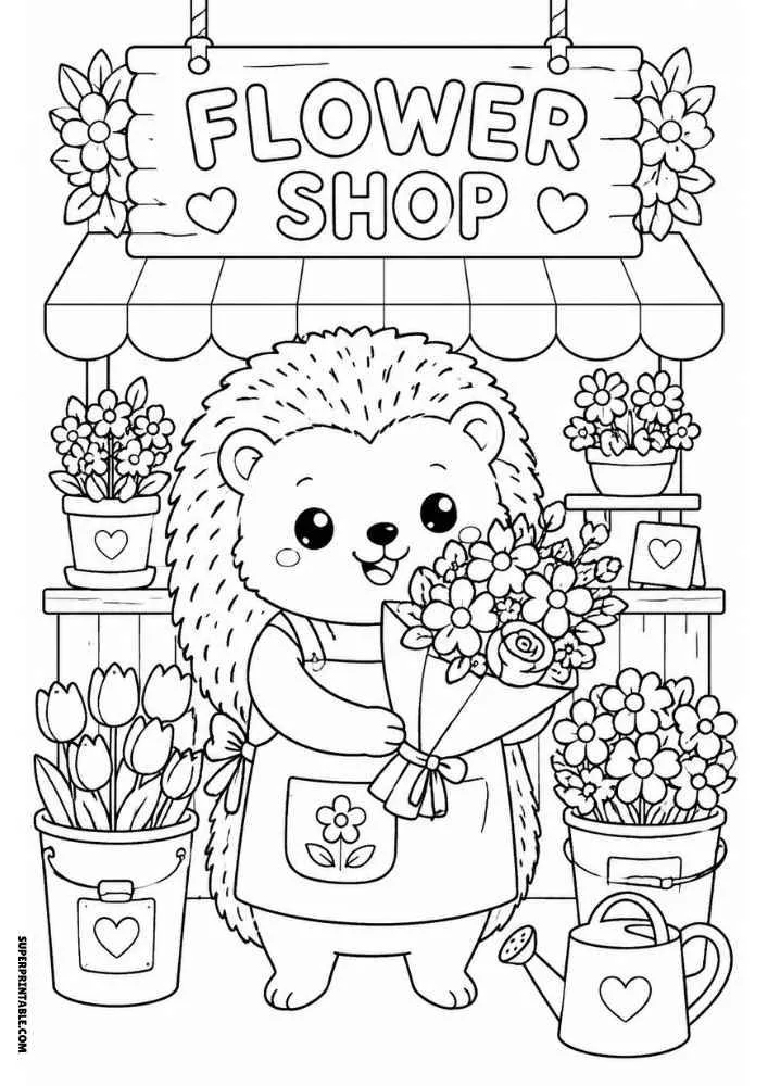 Hedgehog holding flower bouquet at flower shop with flowers, watering can, and flower pots.