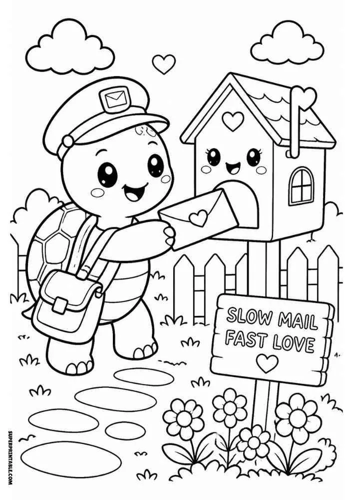 Turtle delivering letter to smiling mailbox with flowers and Slow Mail Fast Love sign.