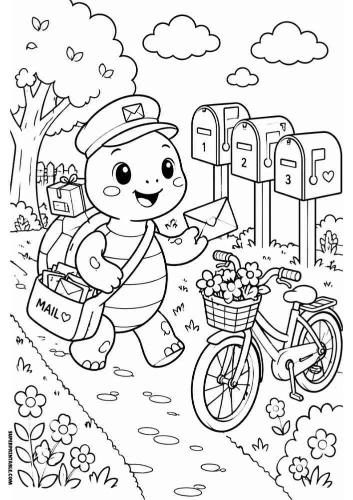 Turtle mail carrier with letter, bicycle, mailboxes, flowers, and mail bag.