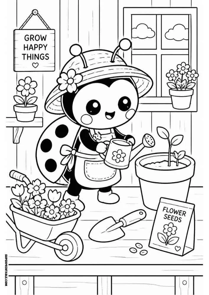 Ladybug gardener watering a plant with flowers, seed packet, trowel, and wheelbarrow.