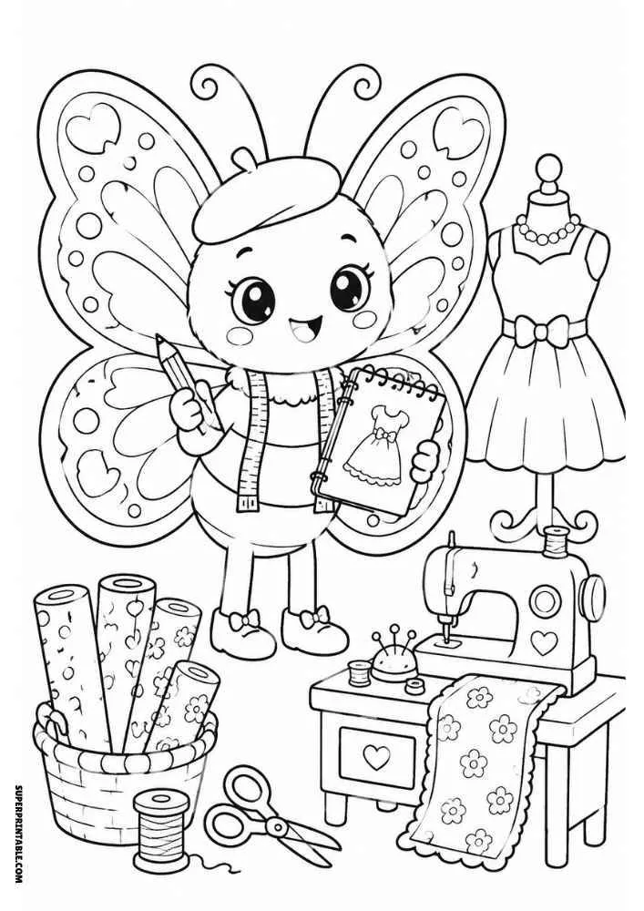 Butterfly fashion designer with sketchbook, sewing machine, fabric rolls, scissors, and dress mannequin.