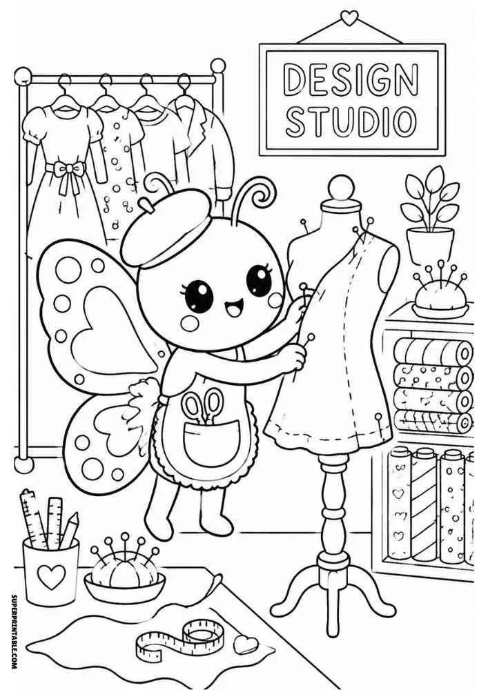 Butterfly designing a dress on a mannequin with fabric rolls, clothes rack, and Design Studio sign.