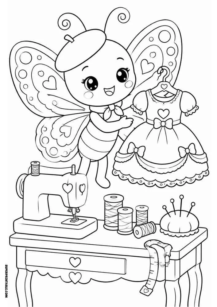 Butterfly holding a dress beside a sewing machine with thread spools and pincushion.