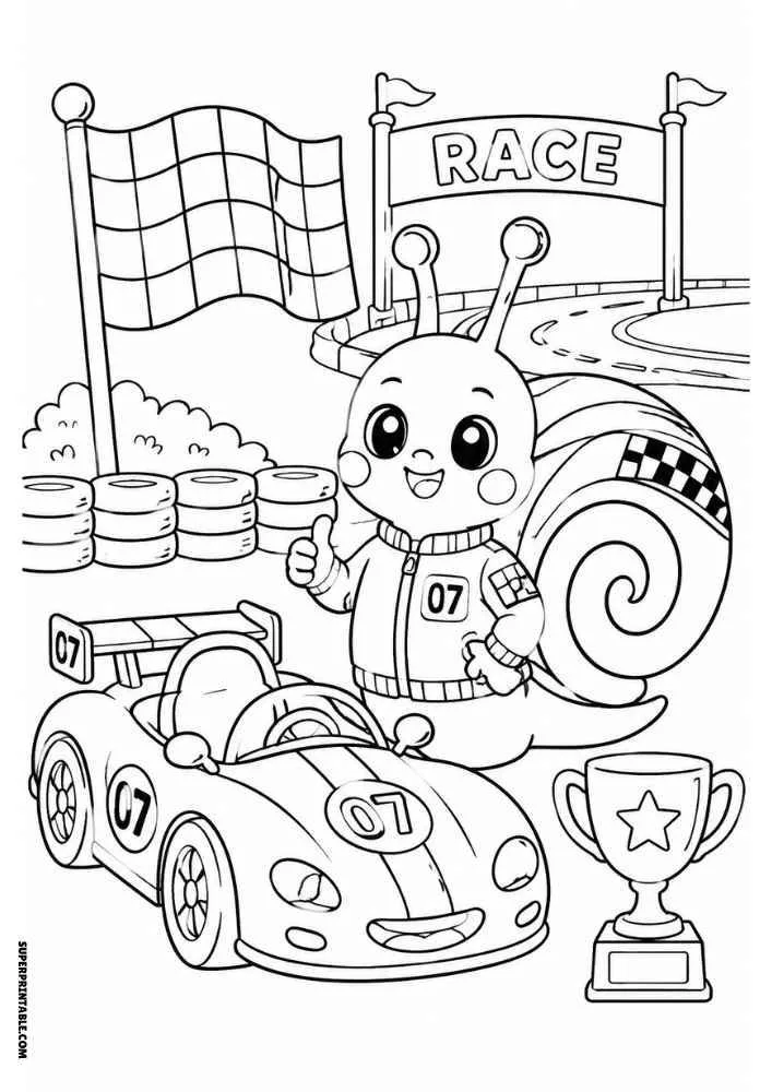 Racing snail with race car, trophy, finish flags, and race track.