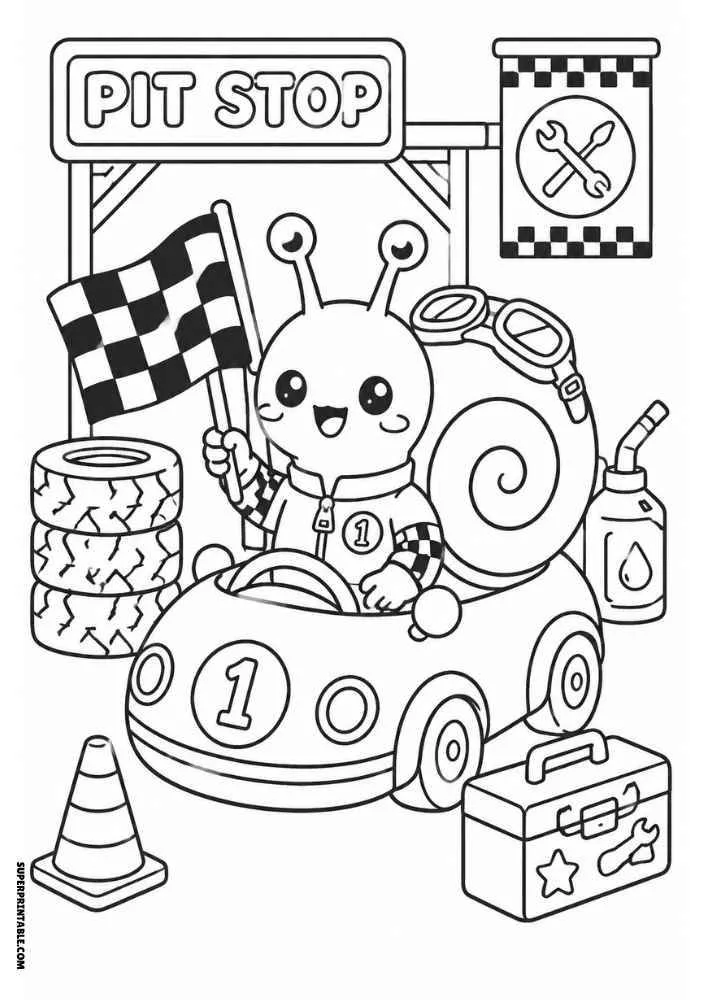 Racing snail in pit stop with race car, tires, toolbox, fuel can, and checkered flag.