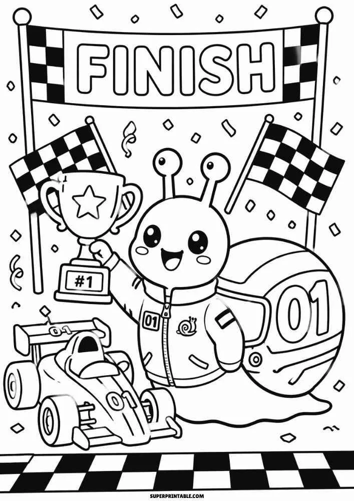 Racing snail holding trophy with race car, helmet, finish banner, and checkered flags.