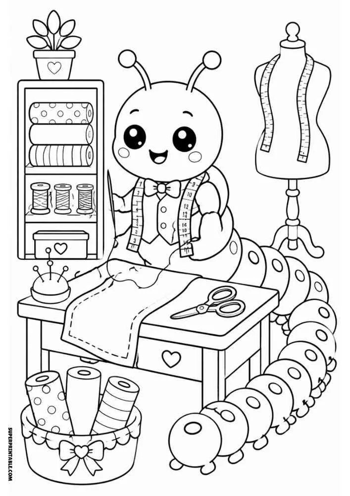 Caterpillar tailor sewing fabric with scissors, dress form, and sewing supplies.