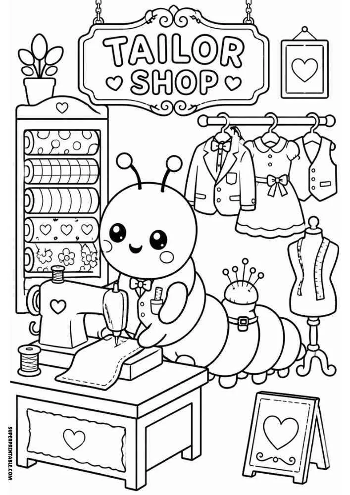 Caterpillar sewing in tailor shop with sewing machine, clothes rack, mannequin, and fabric shelves.