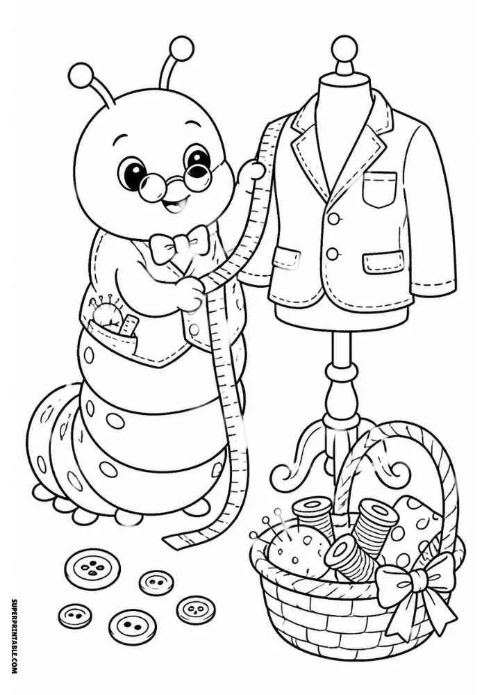 Caterpillar measuring a jacket on a mannequin with buttons, thread, and sewing basket.